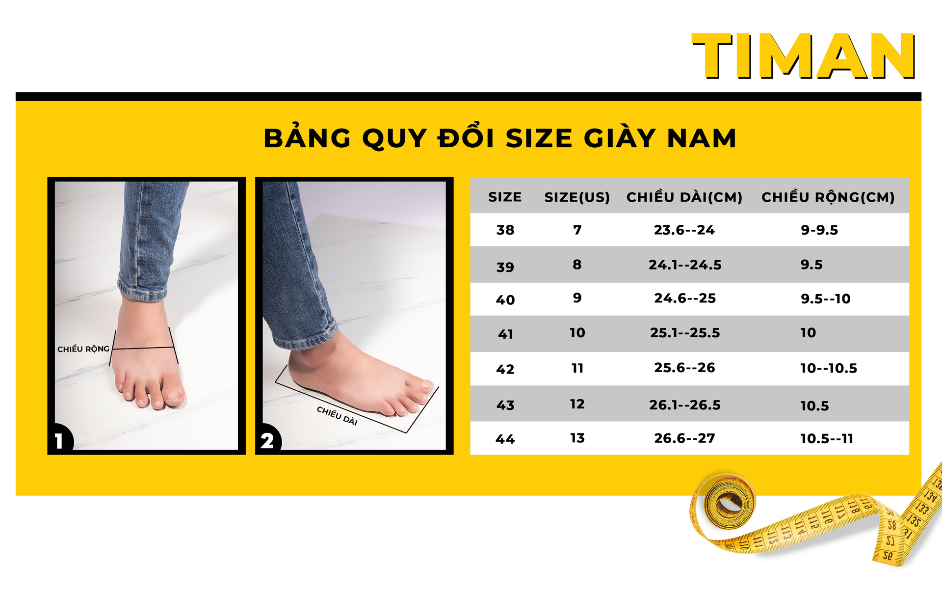 Đo chân theo bảng size giày của shop giày dép Timan