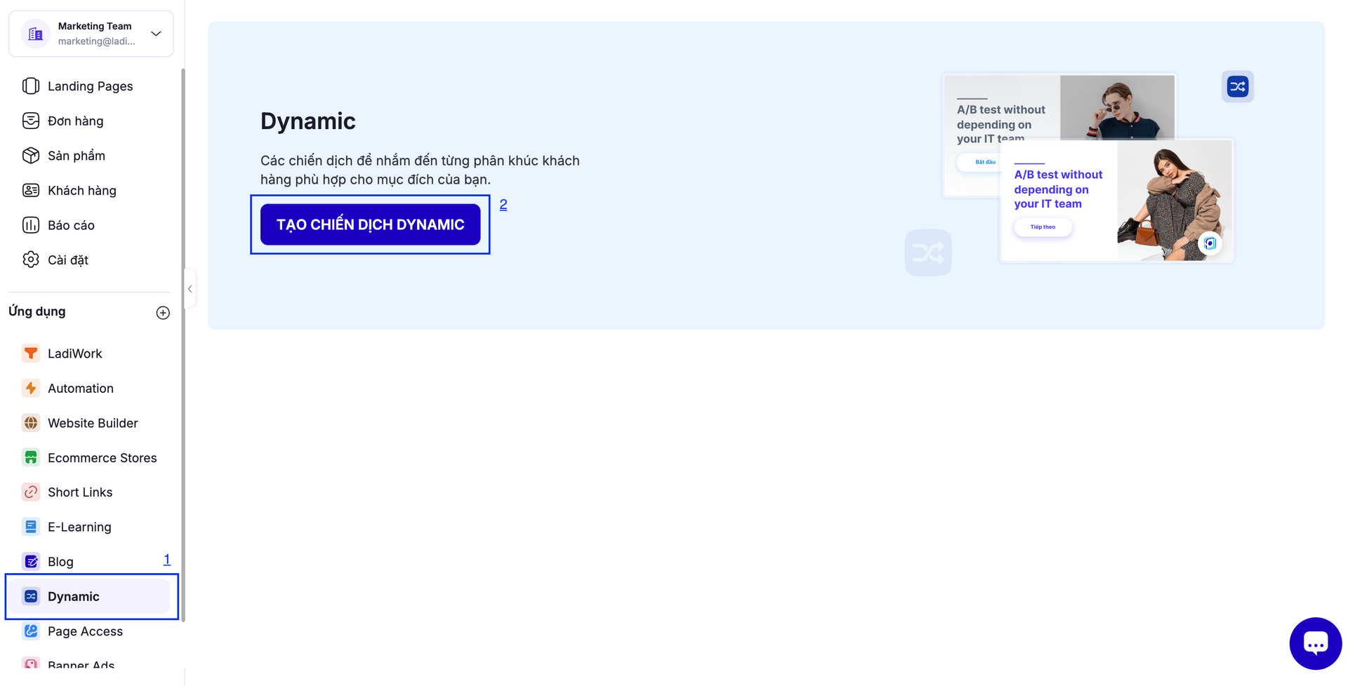 Tạo chiến dịch A/B Testing với ứng dụng Dynamic của LadiPage