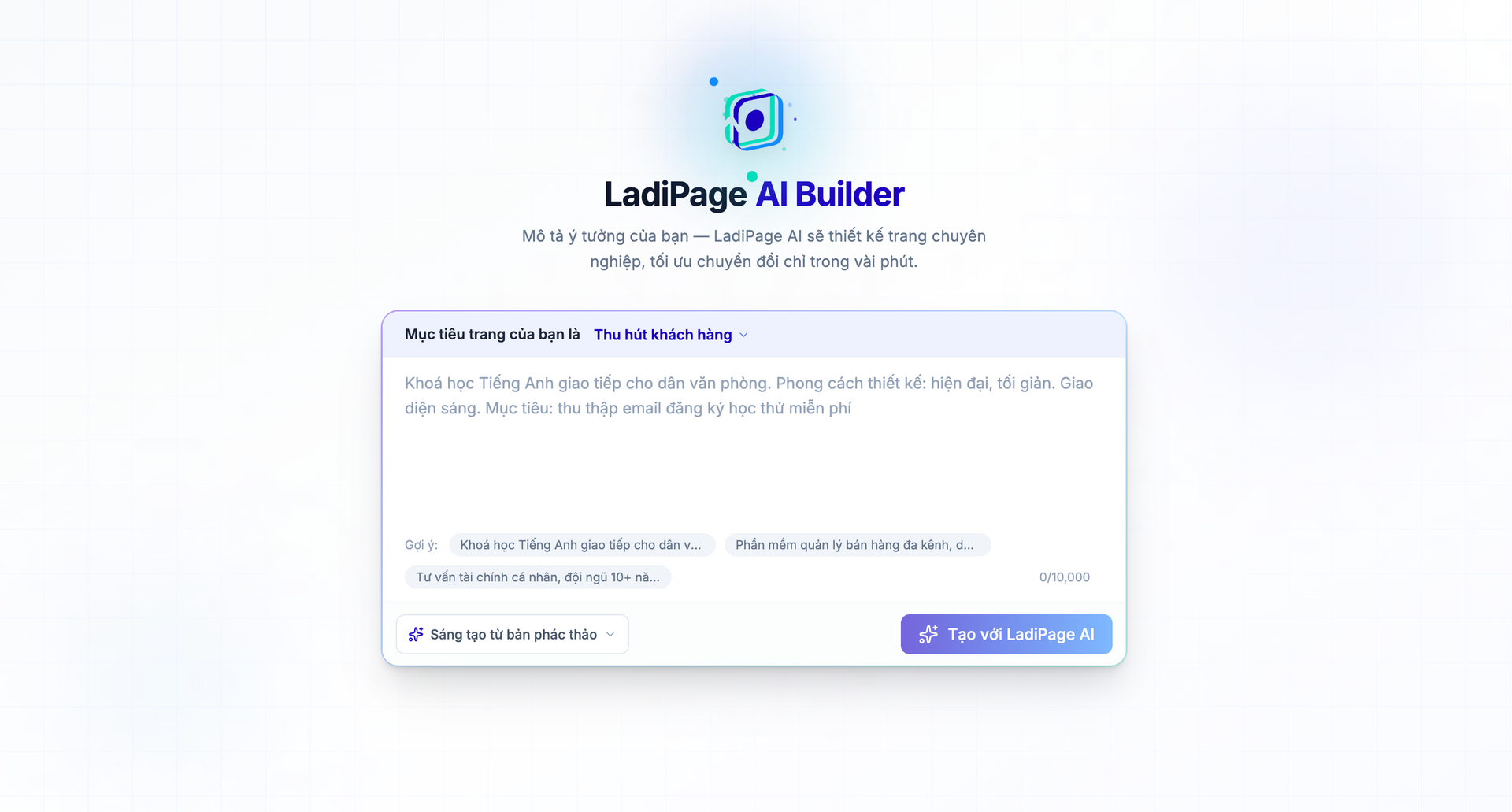 Nhập Prompt yêu cầu AI tạo Landing page mong muốn