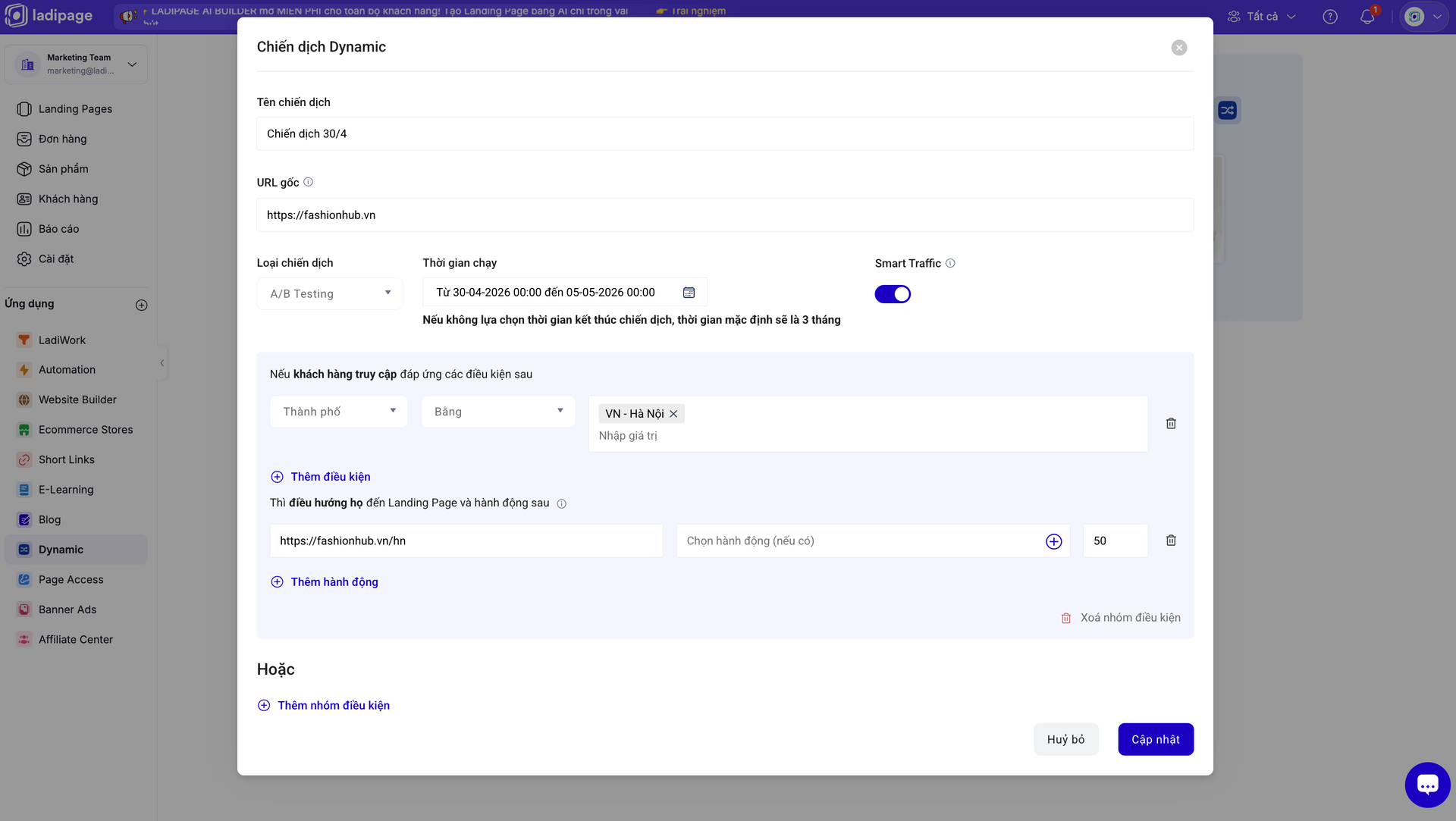Thiết lập chiến dịch A/B testing trên nền tảng LadiPage