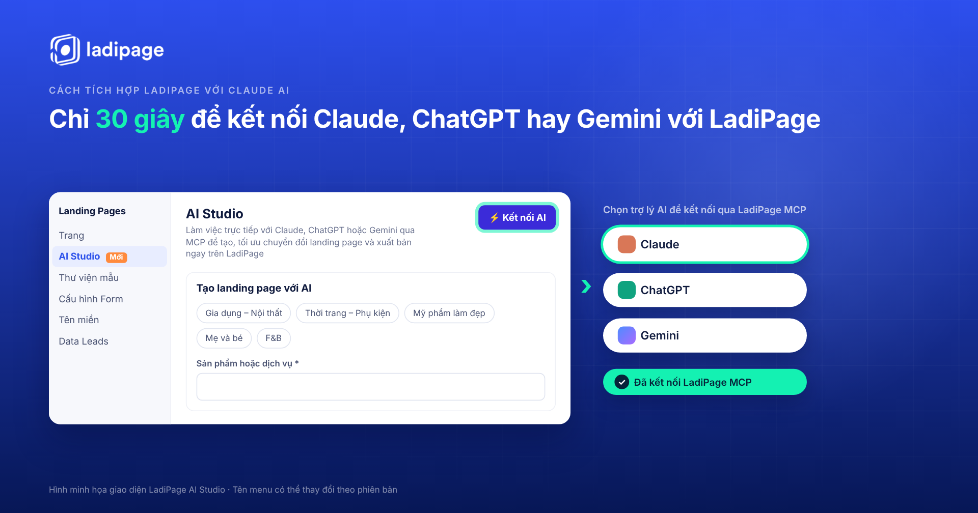 Cách tích hợp LadiPage với Claude AI bằng nút Kết nối AI trong LadiPage AI Studio