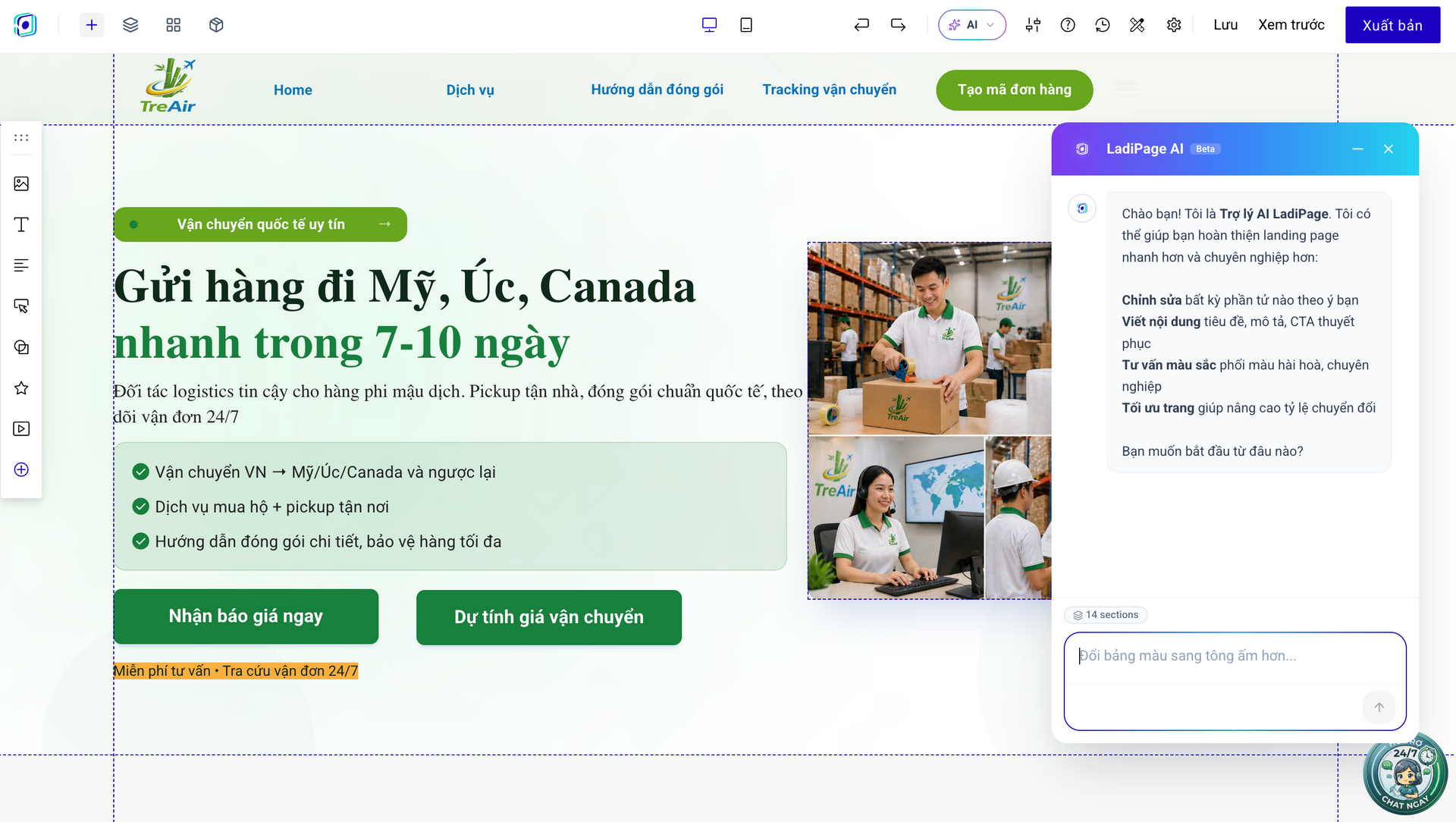 Dễ dàng chỉnh sửa nội dung Landing Page sau khi AI generate
