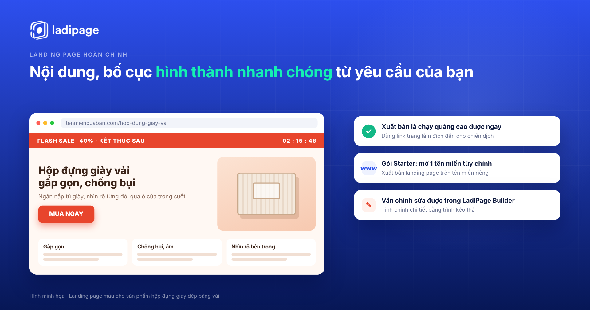 Landing page hoàn chỉnh tạo bằng Claude AI, xuất bản là chạy quảng cáo được ngay