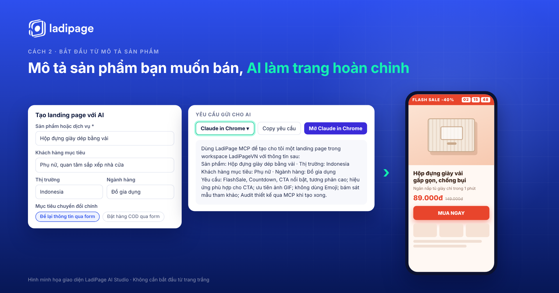 Hướng dẫn tích hợp LadiPage với Claude AI: mô tả sản phẩm và mở Claude in Chrome