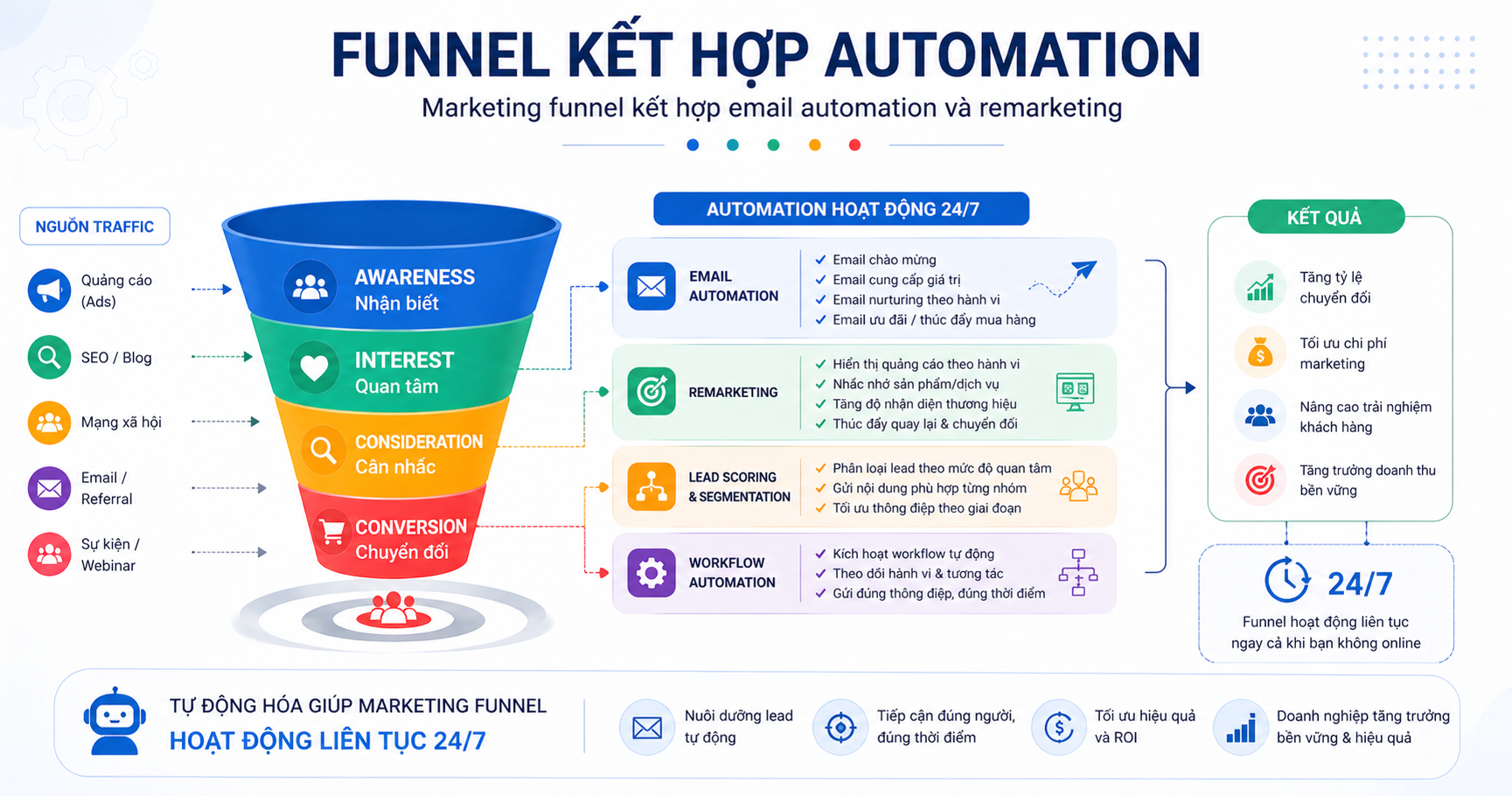Marketing funnel kết hợp email automation và remarketing