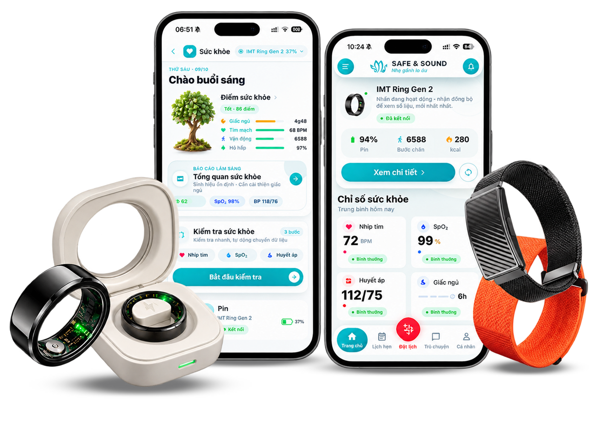 IMT Smart Ring, Smart Band und Mockup App SafeNSound