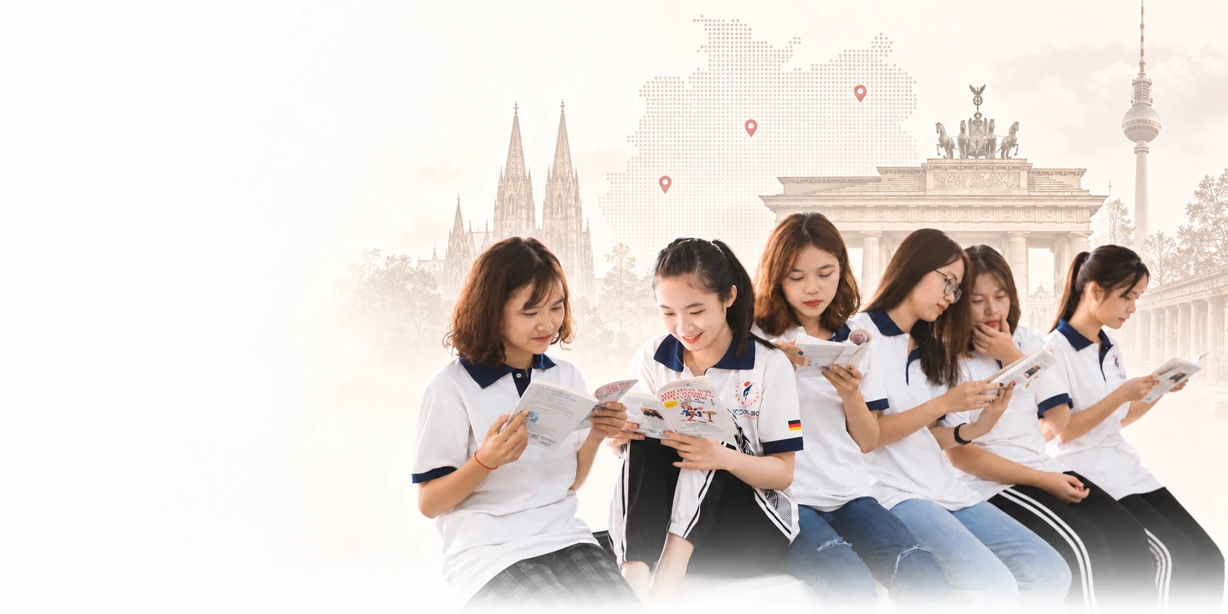 Học viên ICOEURO học tiếng Đức trên nền bản đồ và kiến trúc Đức