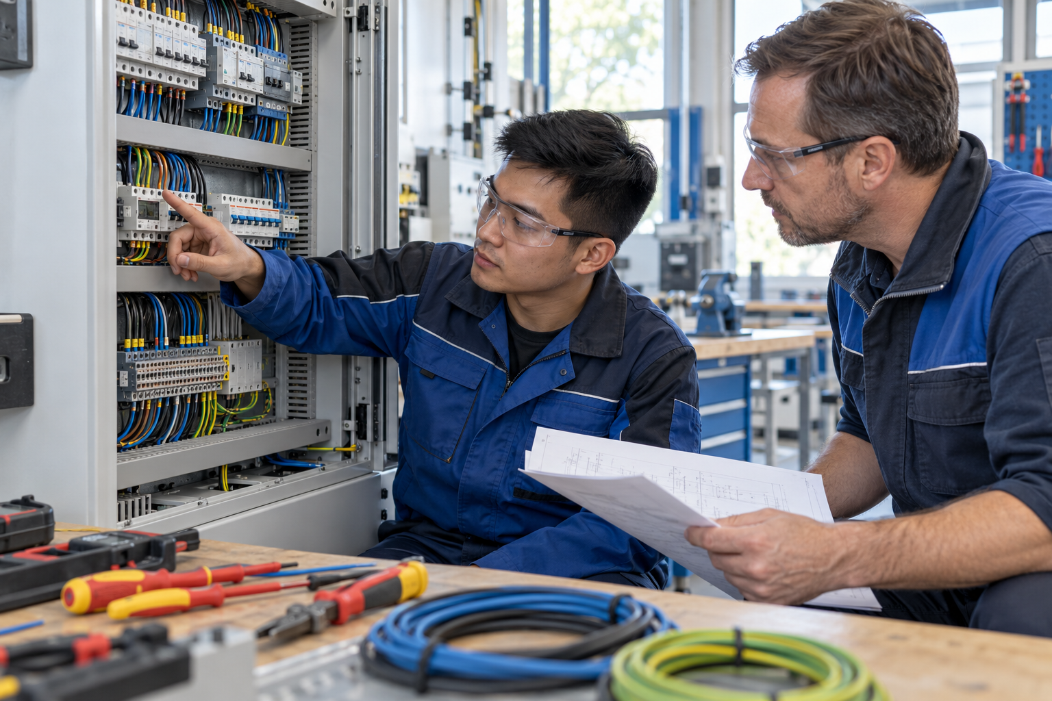Học viên nghề điện trao đổi về tủ điện đào tạo đã được cô lập an toàn