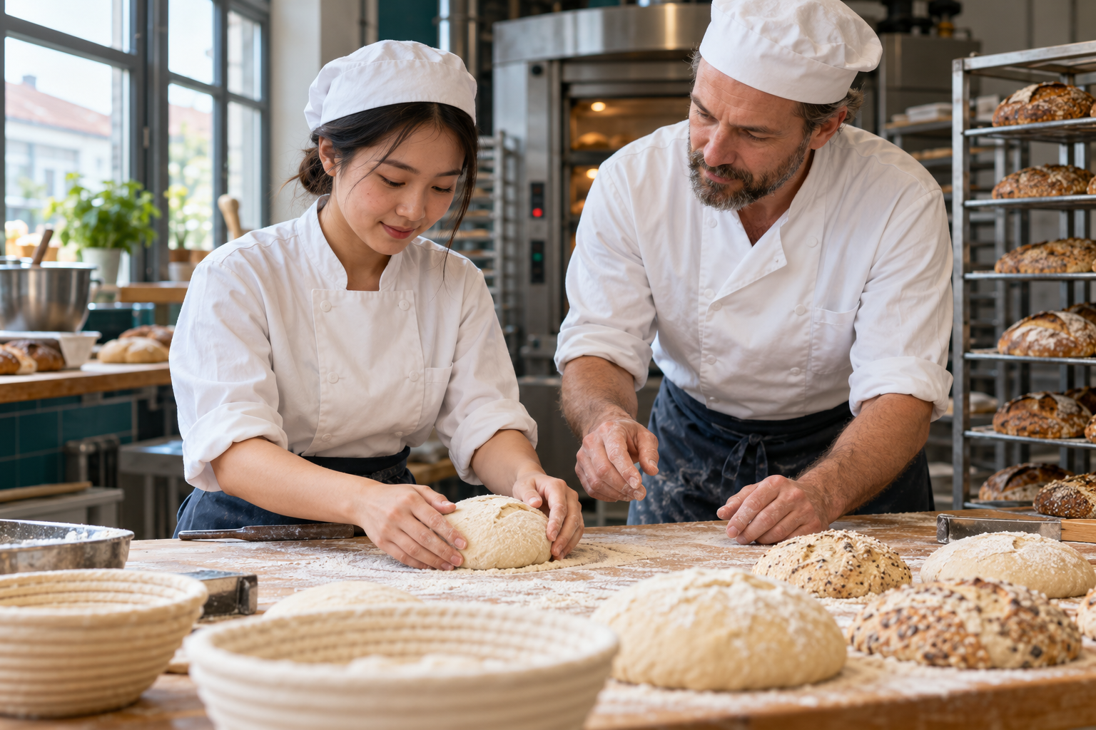 Học viên làm bánh và người hướng dẫn kiểm tra những ổ bánh mới hoàn thành