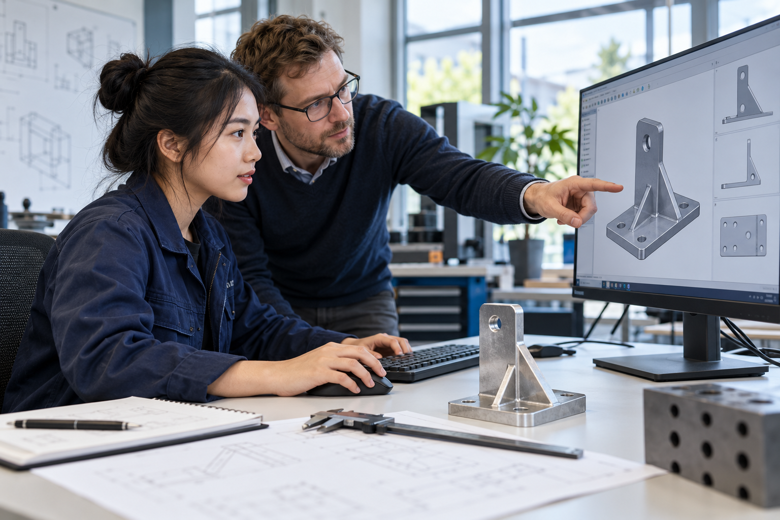 Học viên thiết kế kỹ thuật trao đổi mô hình CAD và bản vẽ với người hướng dẫn