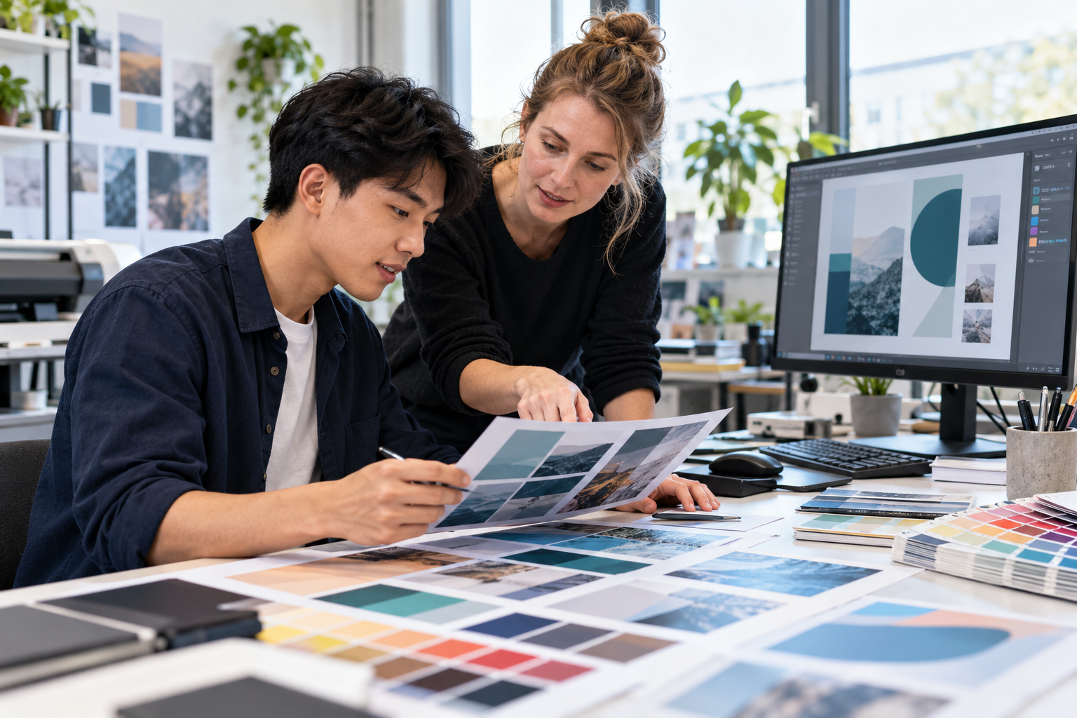 Học viên thiết kế truyền thông trao đổi bố cục và bảng màu trong studio