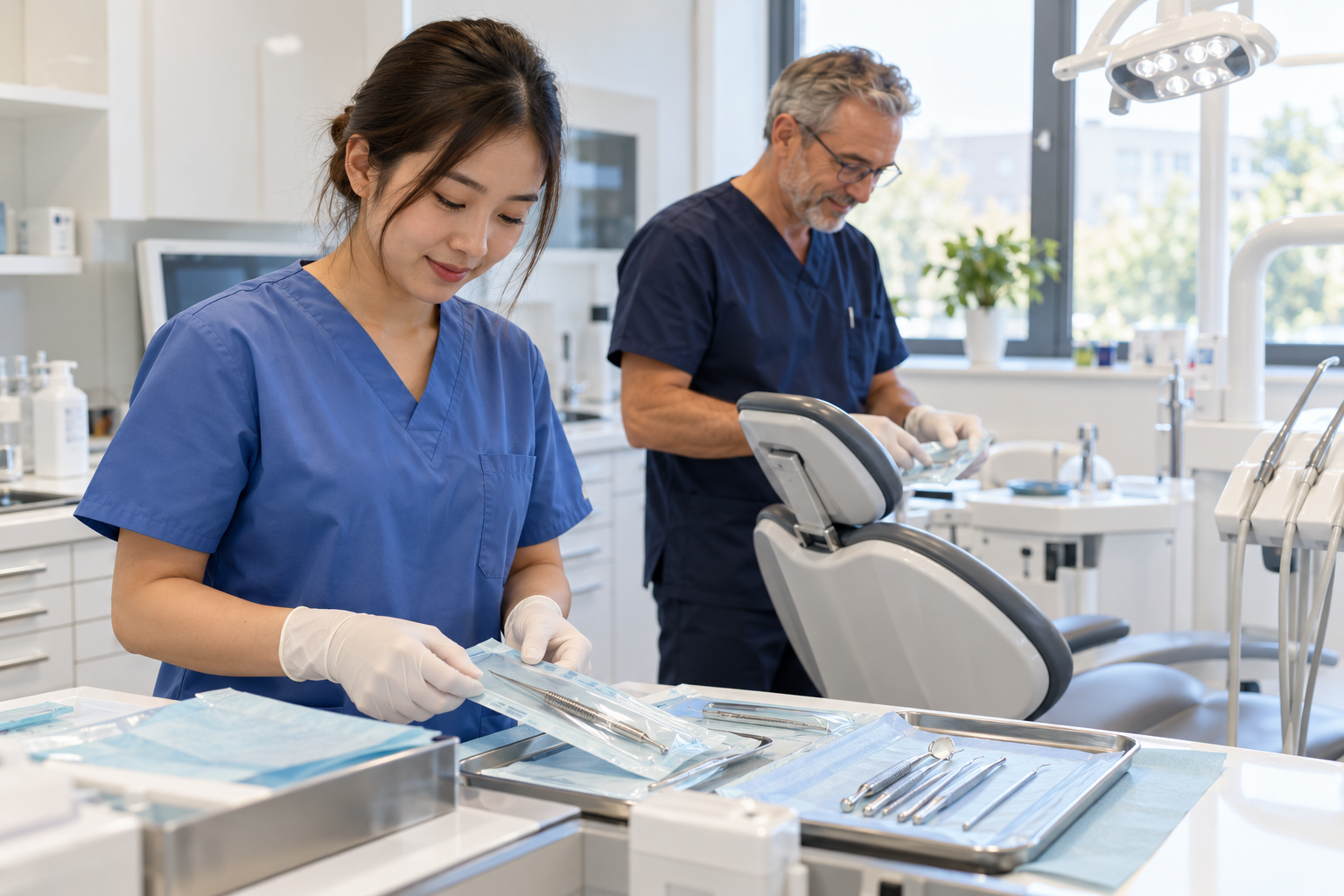Học viên trợ lý nha khoa chuẩn bị dụng cụ cùng người hướng dẫn tại phòng khám