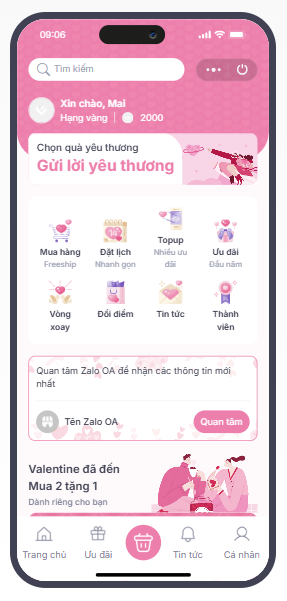 Giao diện Mini App thực tế với mua hàng, đặt lịch, đổi điểm, tin tức và ưu đãi thành viên