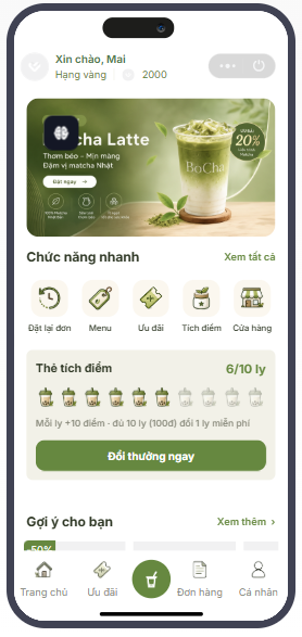 Giao diện Mini App thực tế hiển thị hạng Vàng, 2.000 điểm, thẻ tích 6 trên 10 ly, đổi thưởng, menu và cửa hàng