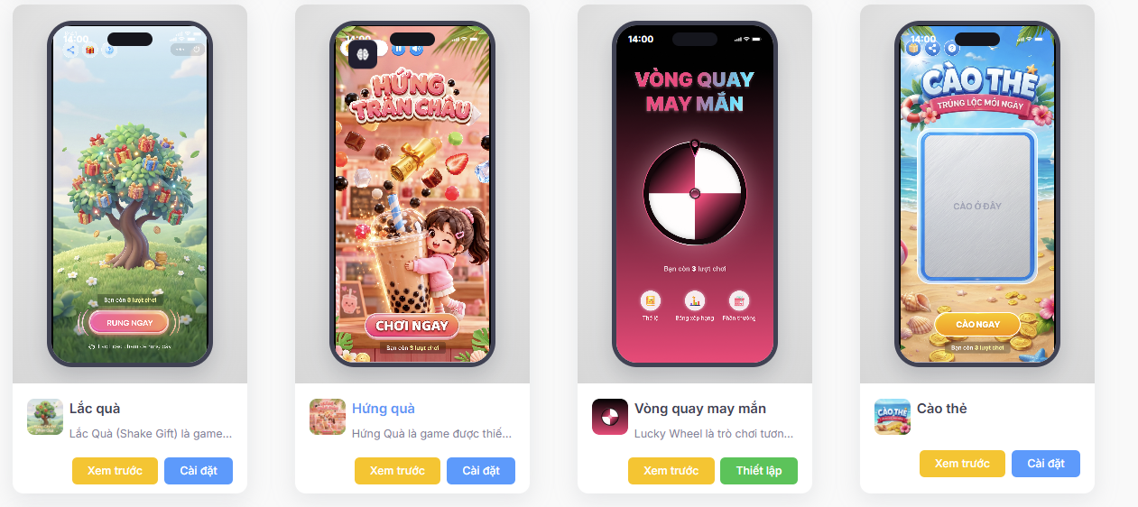 Một phần thư viện minigame với các mẫu minh họa Lắc quà, Hứng quà, Vòng quay may mắn và Cào thẻ, kèm nút xem trước và thiết lập