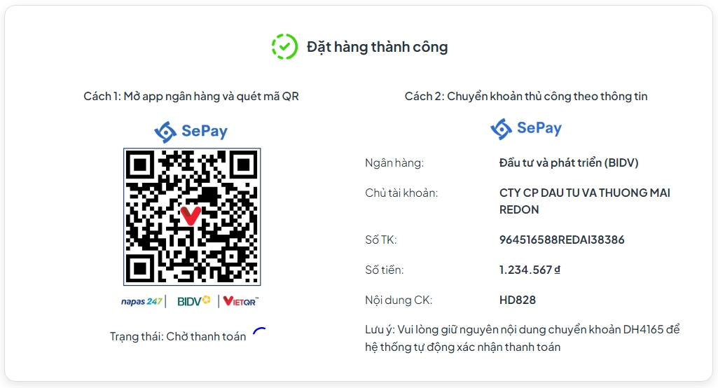 Chọn phương thức thanh toán - Demo giao diện RedAI