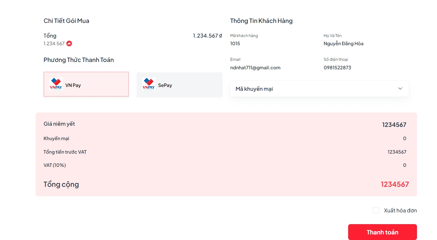 Vào phần nạp point và thanh toán - Demo giao diện RedAI