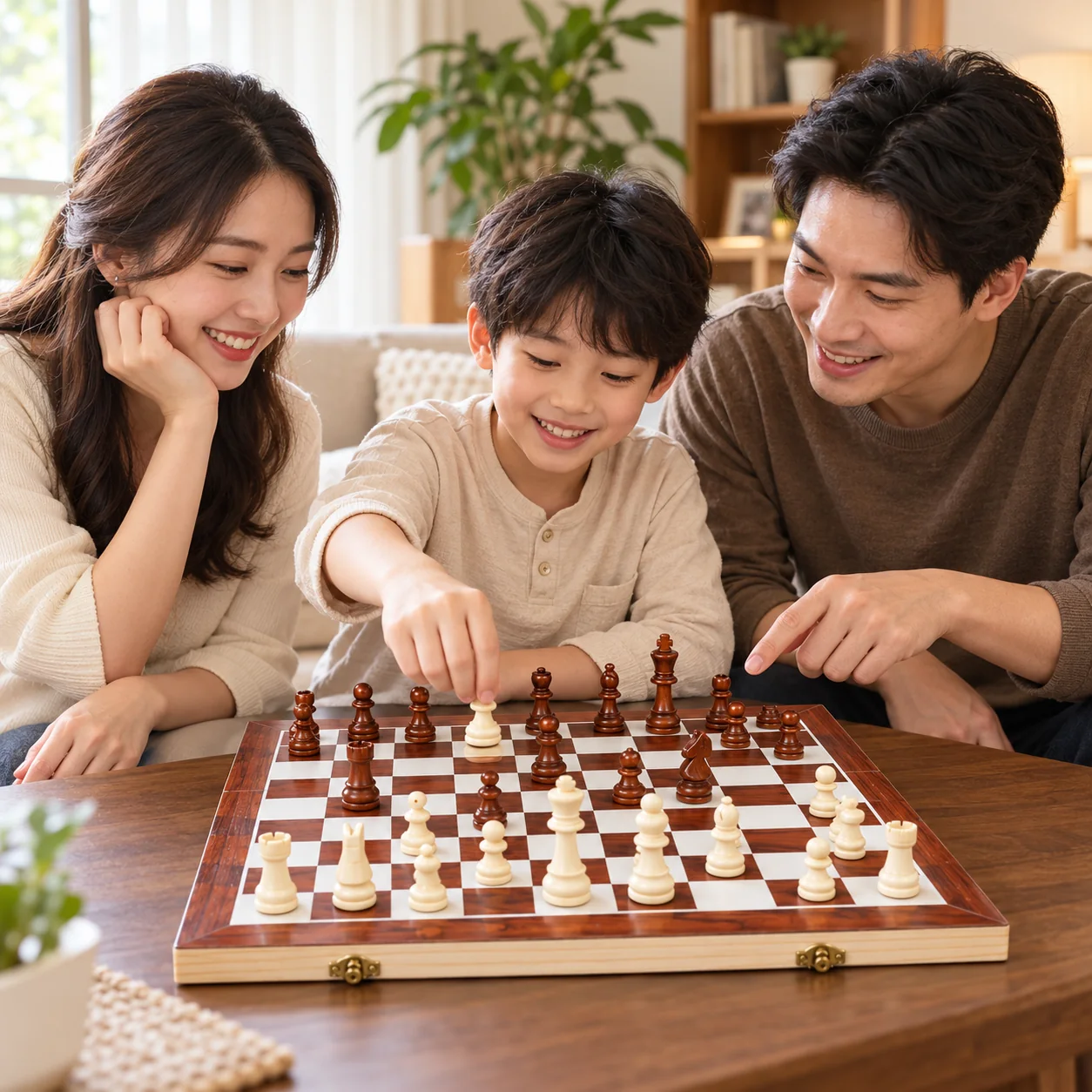 Gia đình có trẻ em cùng chơi cờ trong phòng khách