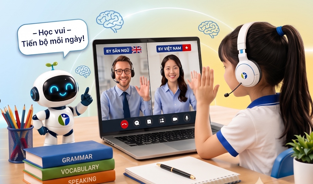 Học sinh học trực tuyến cùng giáo viên bản ngữ, giáo viên Việt Nam và trợ lý AI