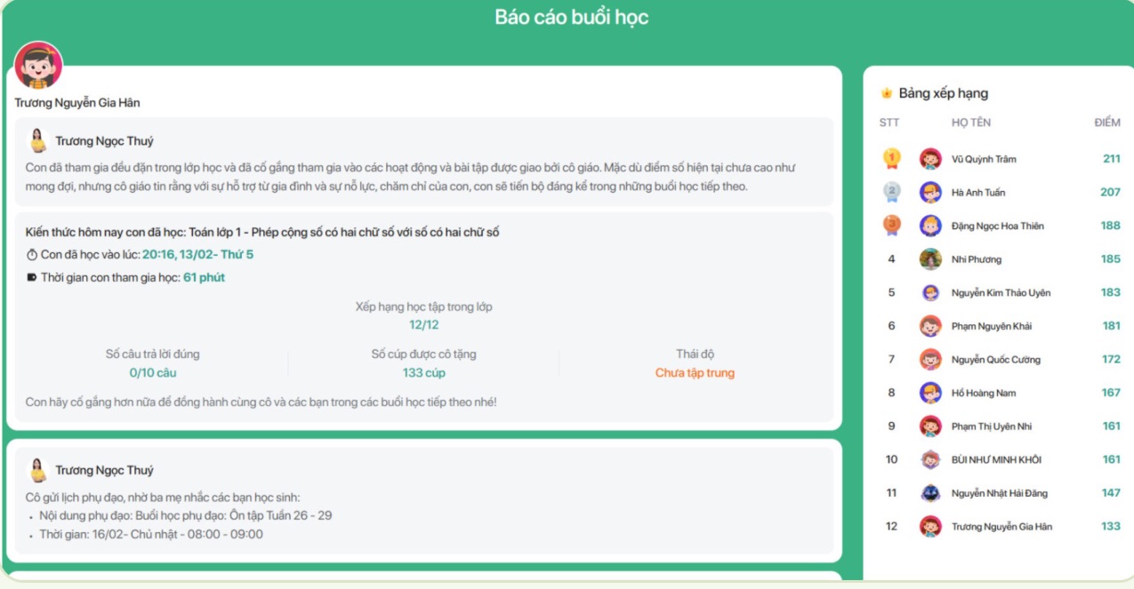 Mẫu báo cáo buổi học gửi phụ huynh