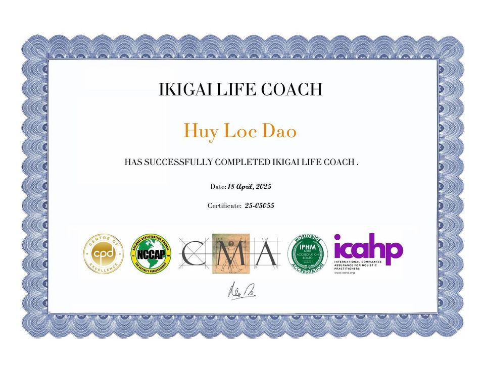 Chứng chỉ Ikigai Life Coach của Huy Loc Dao, số 25-05055, ngày 18/04/2025