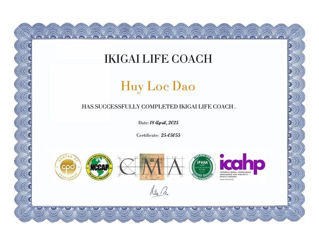 Chứng chỉ Ikigai Life Coach của Huy Loc Dao, số 25-05055, ngày 18/04/2025