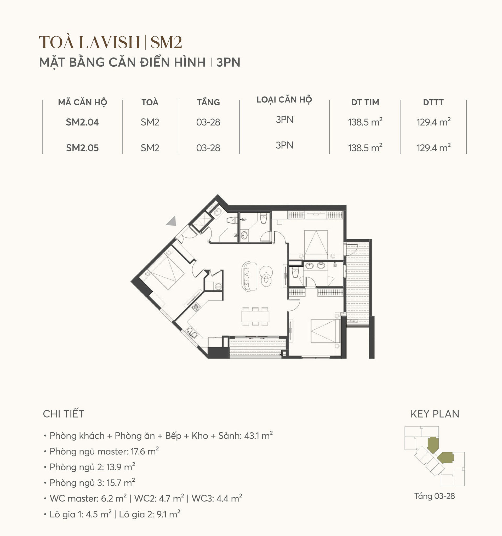 Mặt bằng căn 3 phòng ngủ Greenera Southmark
