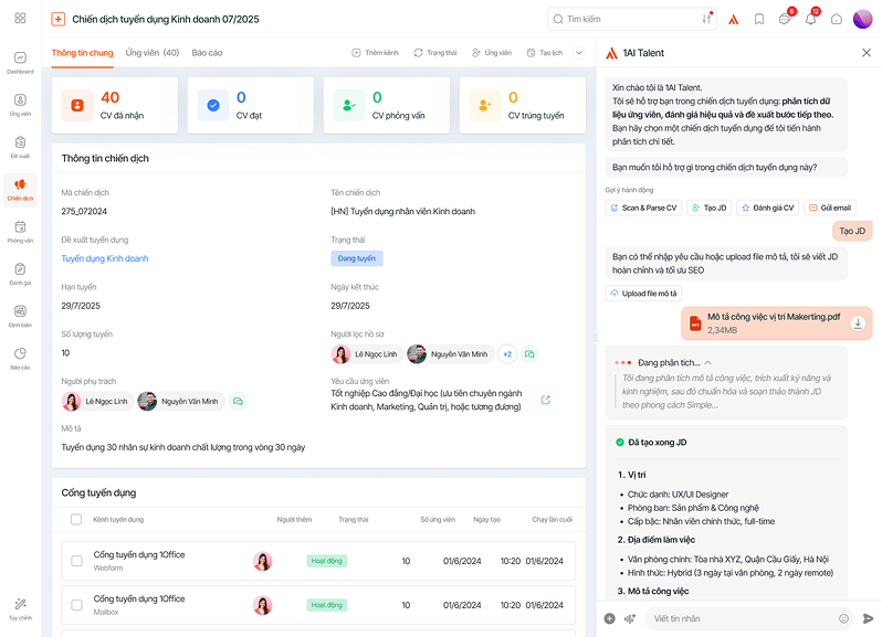 Giao diện 1AI Agent trên 1Office