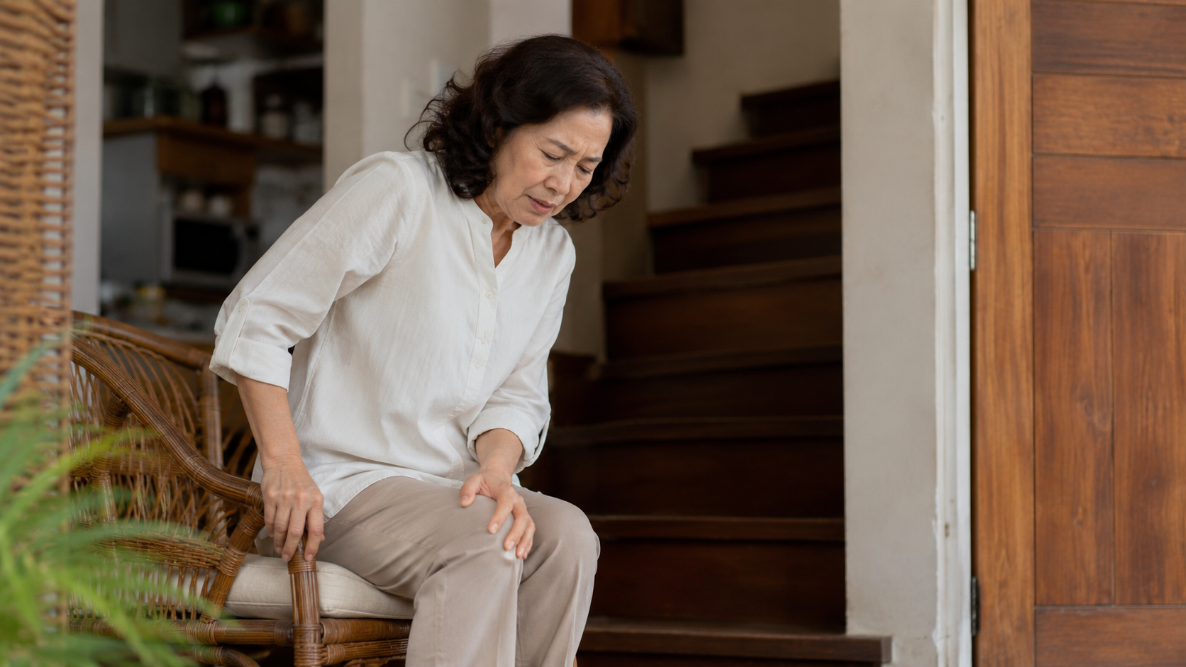 ชายหรือหญิงไทยวัย 55–65 ปี ลุกจากเก้าอี้หรือขึ้นบันไดด้วยสีหน้ากังวล บรรยากาศบ้านไทย โทนอุ่น สมจริง
