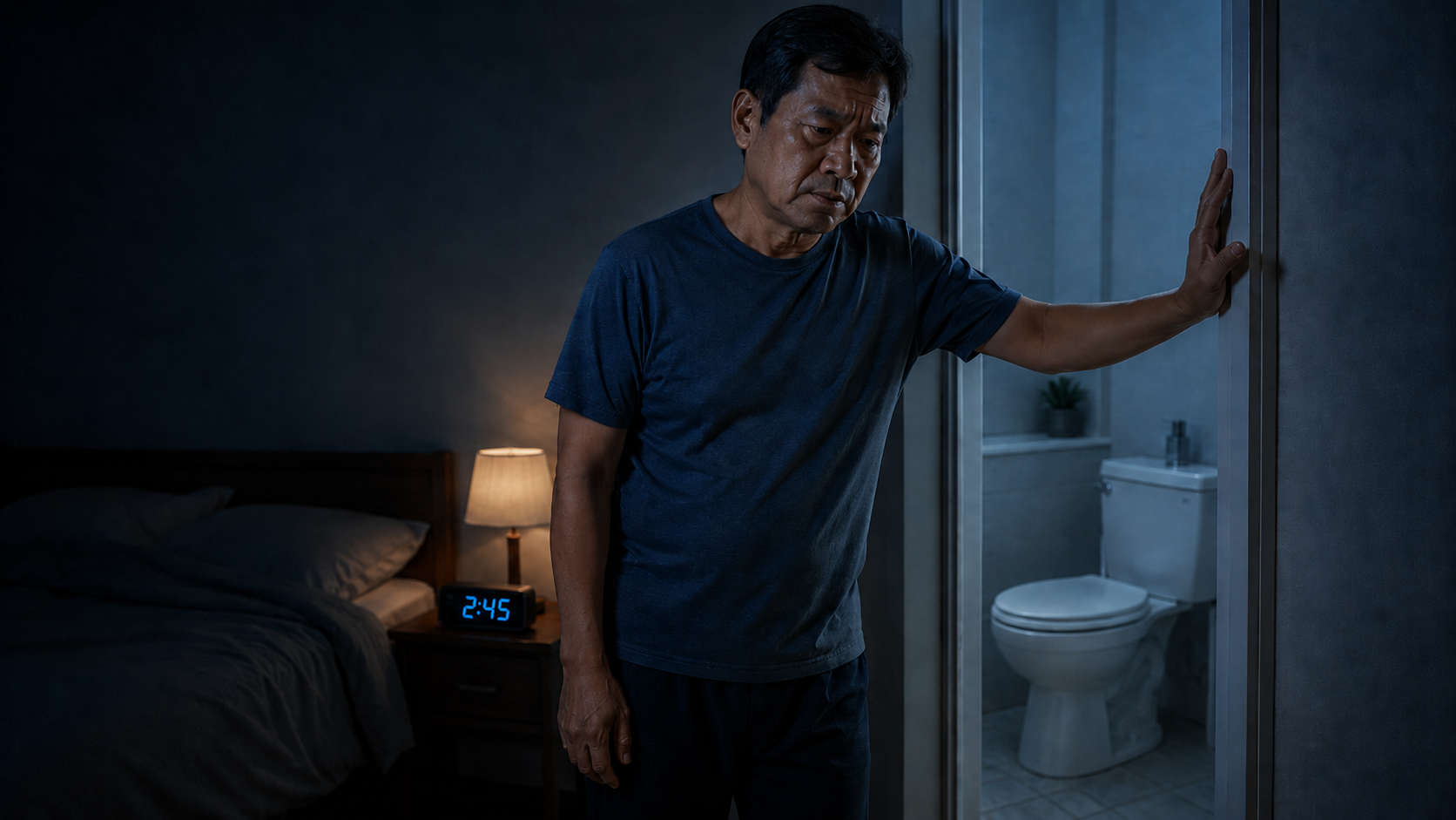 ชายไทยวัย 55–60 ปี สีหน้ากังวลตอนกลางคืน บรรยากาศบทความข่าวสุขภาพ