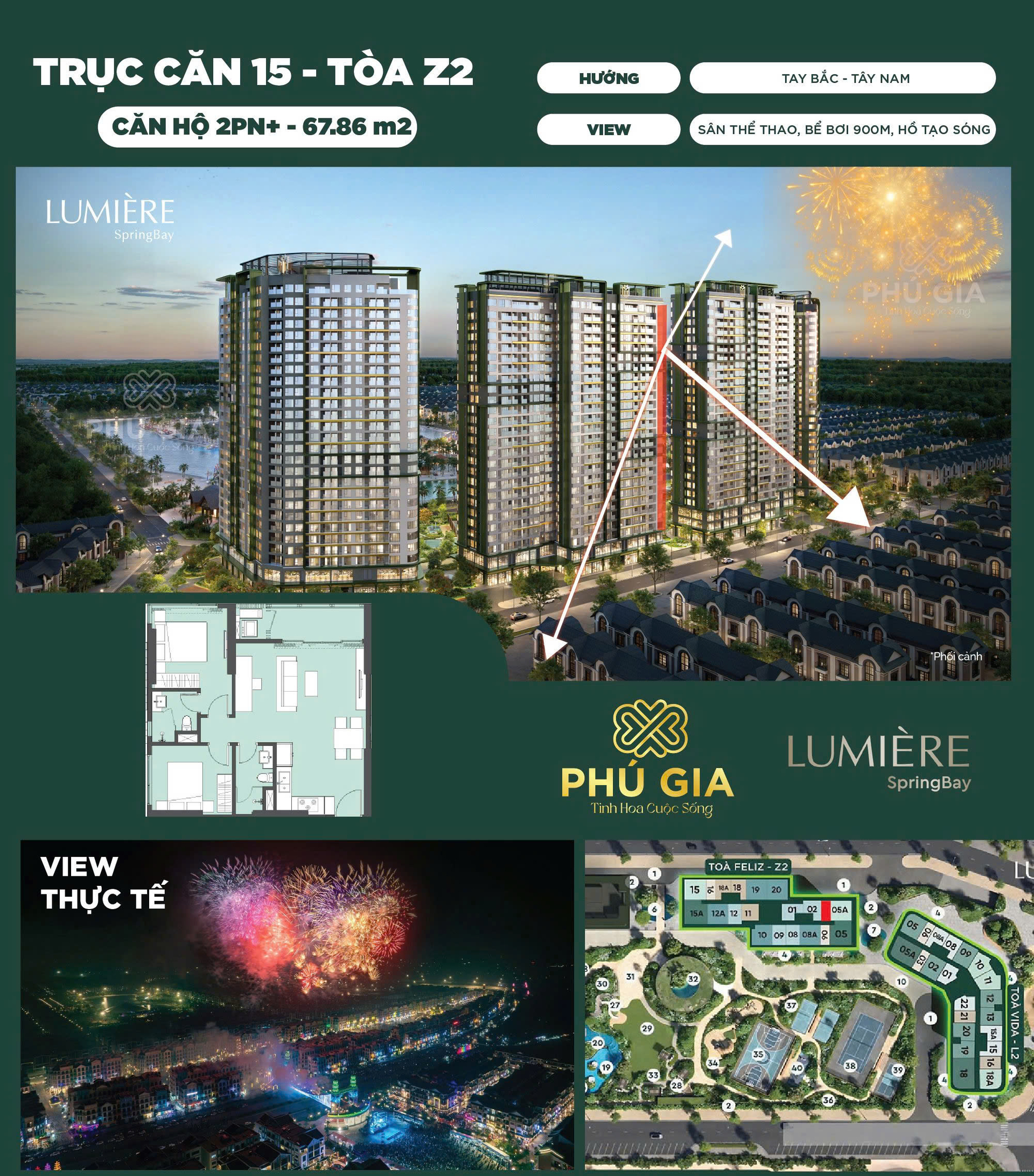 Bán căn góc 2PN+, Tây Bắc – Tây Nam, Diện tích 67.86m2, chung cư Lumiere SpringBay Ocean Park 2, View bể bơi