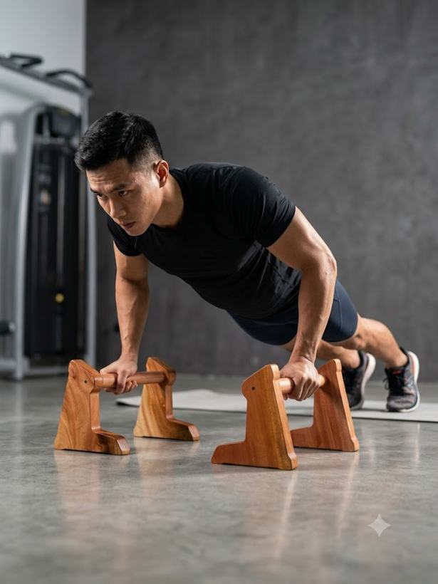 Tập chống đẩy với dụng cụ hít đất gỗ