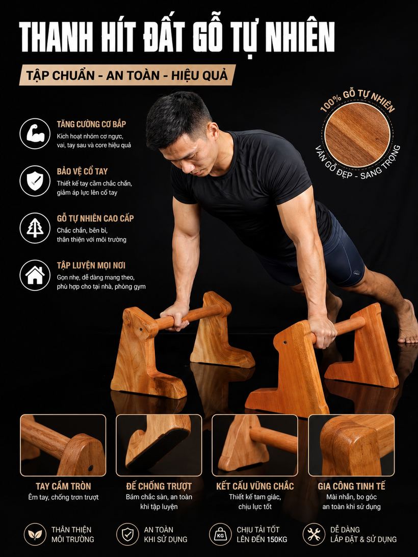 Thanh hít đất gỗ tự nhiên — tập chống đẩy