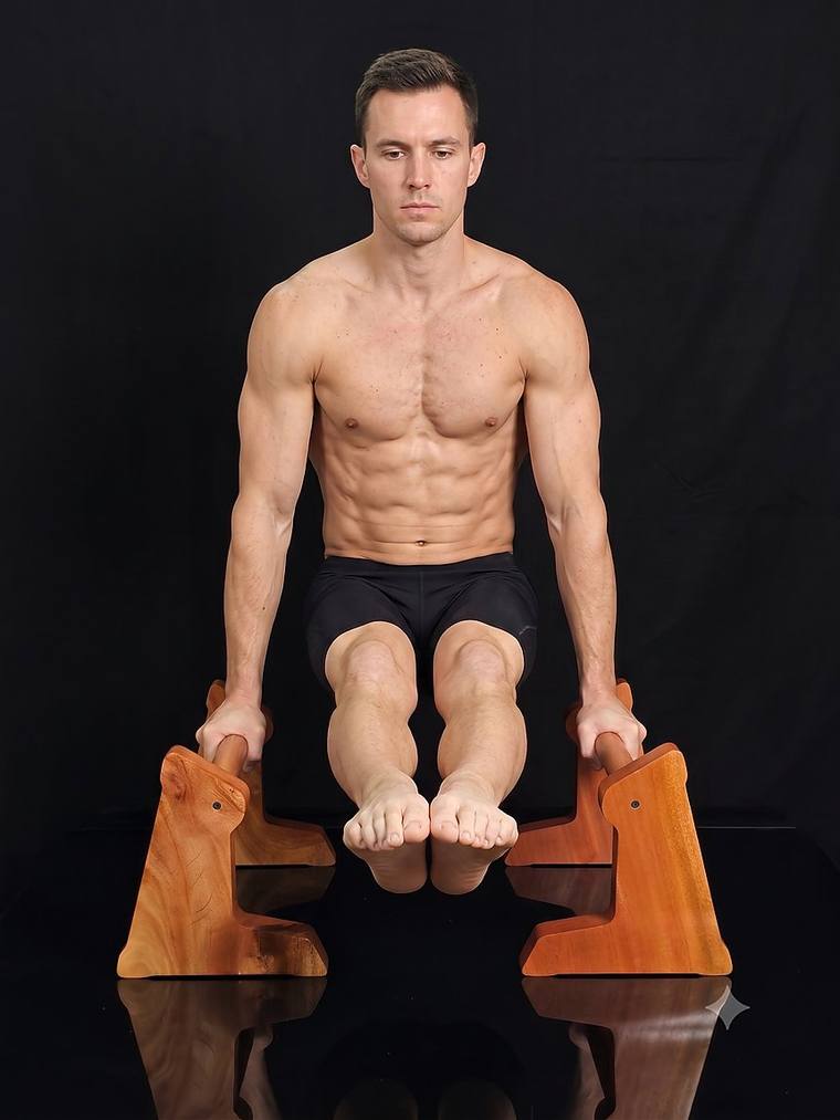 Tư thế L-sit trên bộ parallettes gỗ