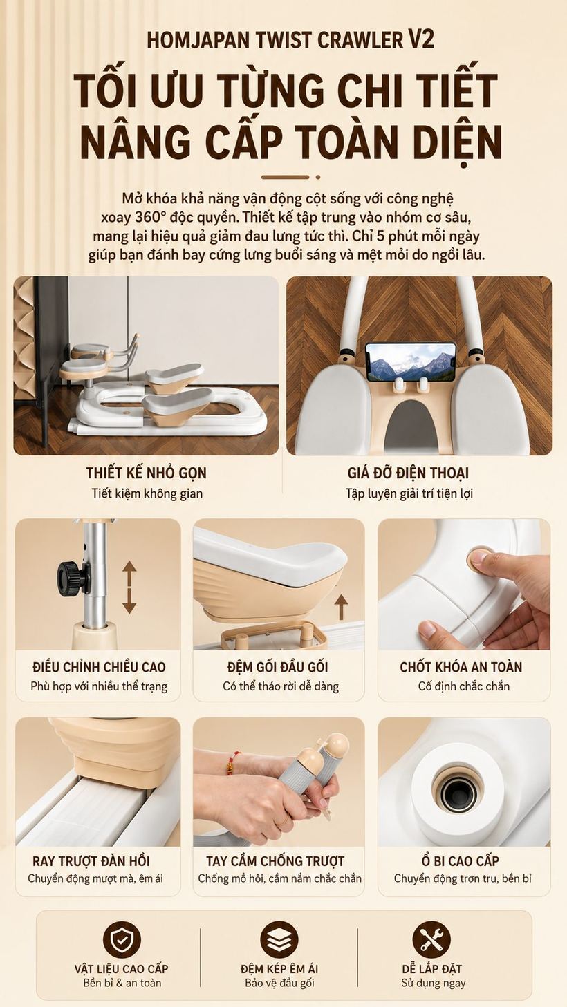 Chi tiết tính năng máy tập leo núi HomeJapan: điều chỉnh chiều cao, đệm gối, chốt khoá, ray trượt, tay cầm, ổ bi