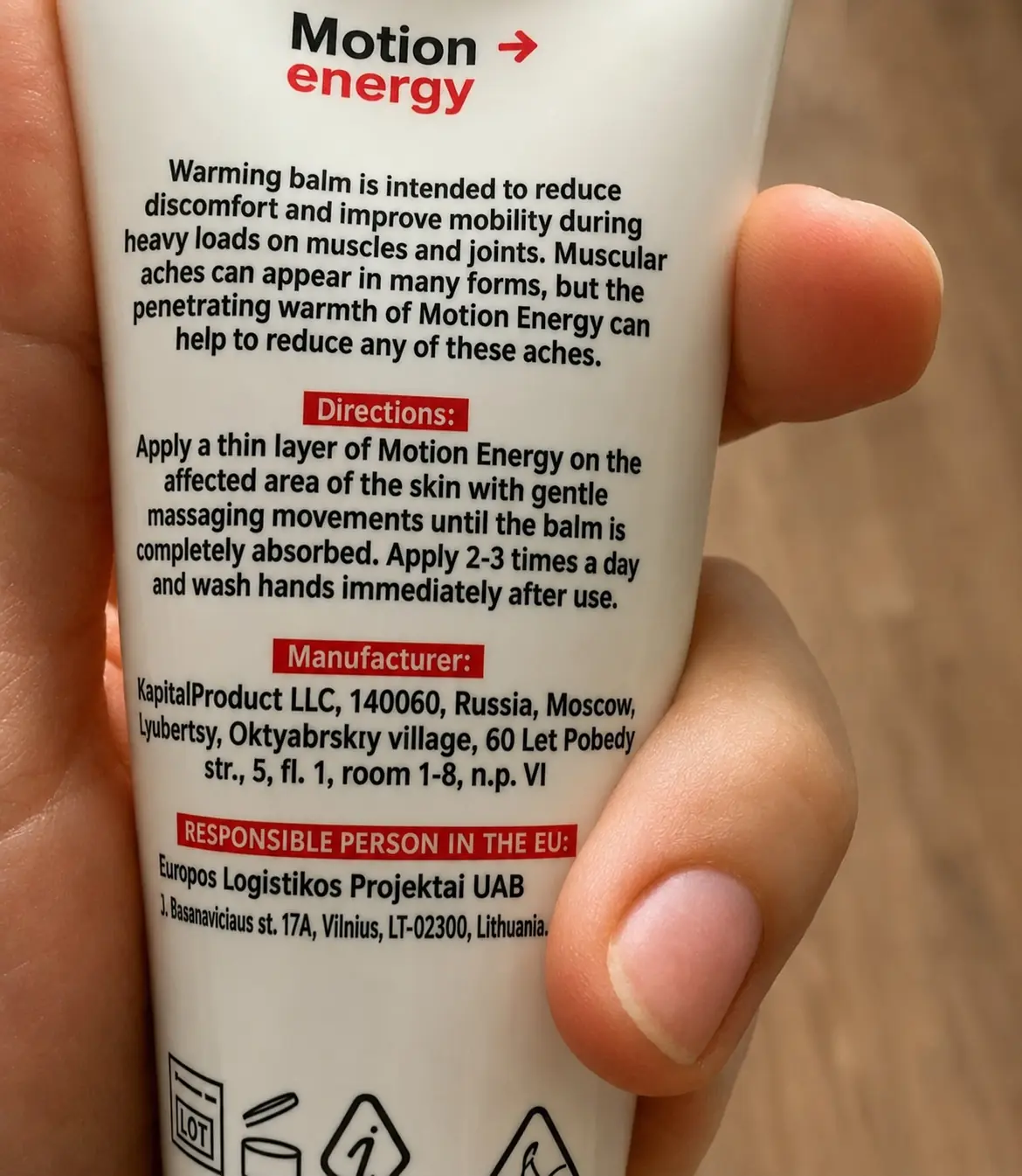 Instrucciones impresas en el envase de Motion Energy