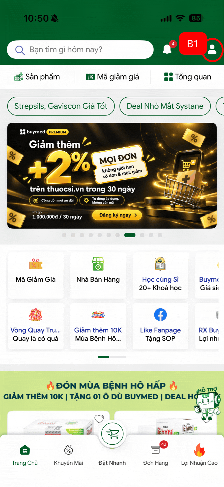 Hướng dẫn mở Danh mục thuốc đang bán trên app Buymed