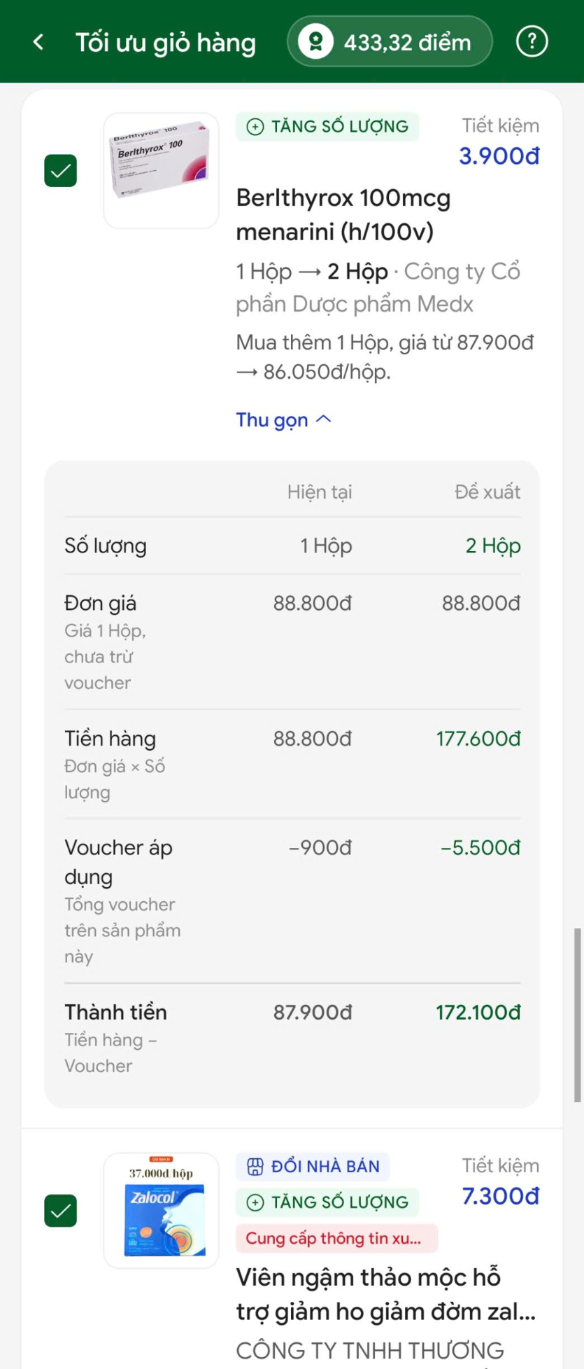 Đề xuất tăng số lượng Berlthyrox từ 1 hộp lên 2 hộp trên app Buymed