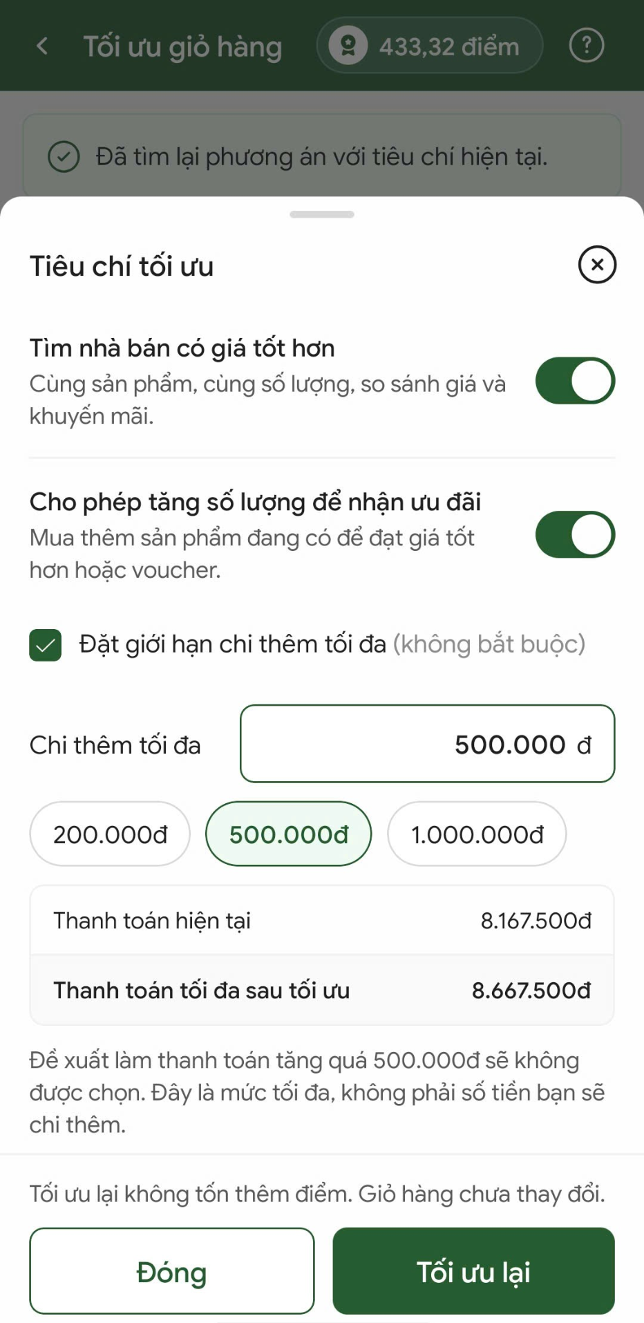 Bảng tiêu chí tối ưu và giới hạn chi thêm trên app