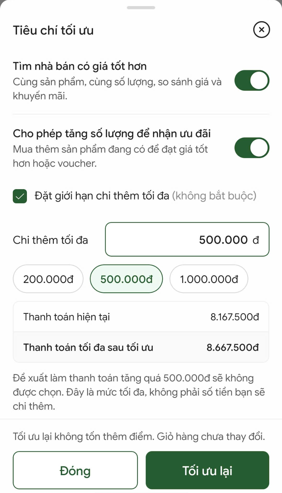 Hai tiêu chí và giới hạn chi thêm trong app