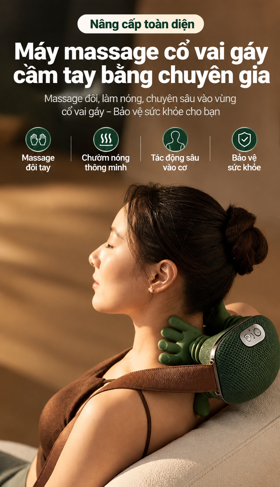 Máy massage cổ vai gáy 5 ngón đang hoạt động ôm sát cổ thư giãn