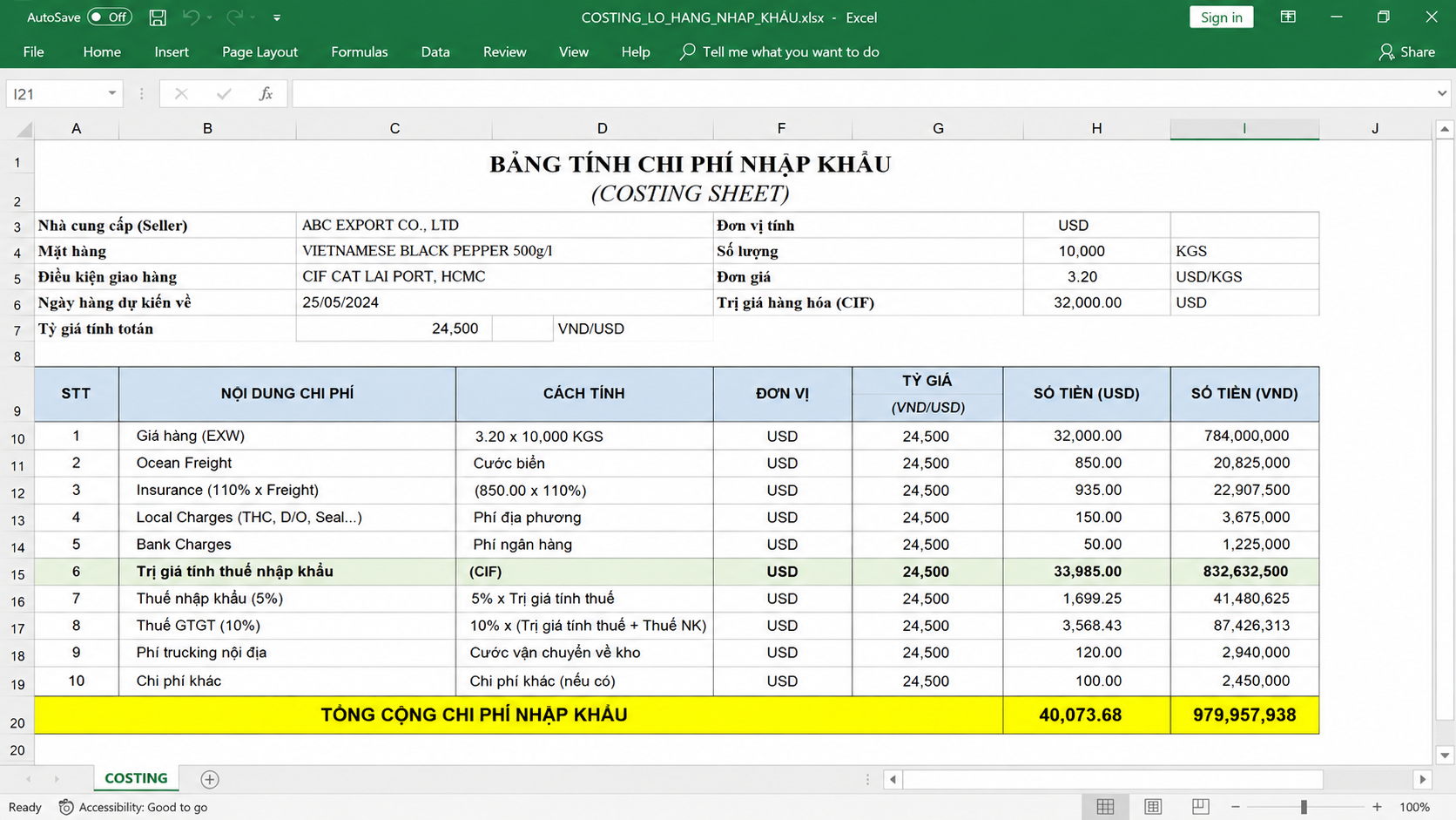 Lập bảng tính giá vốn Costing cho lô hàng