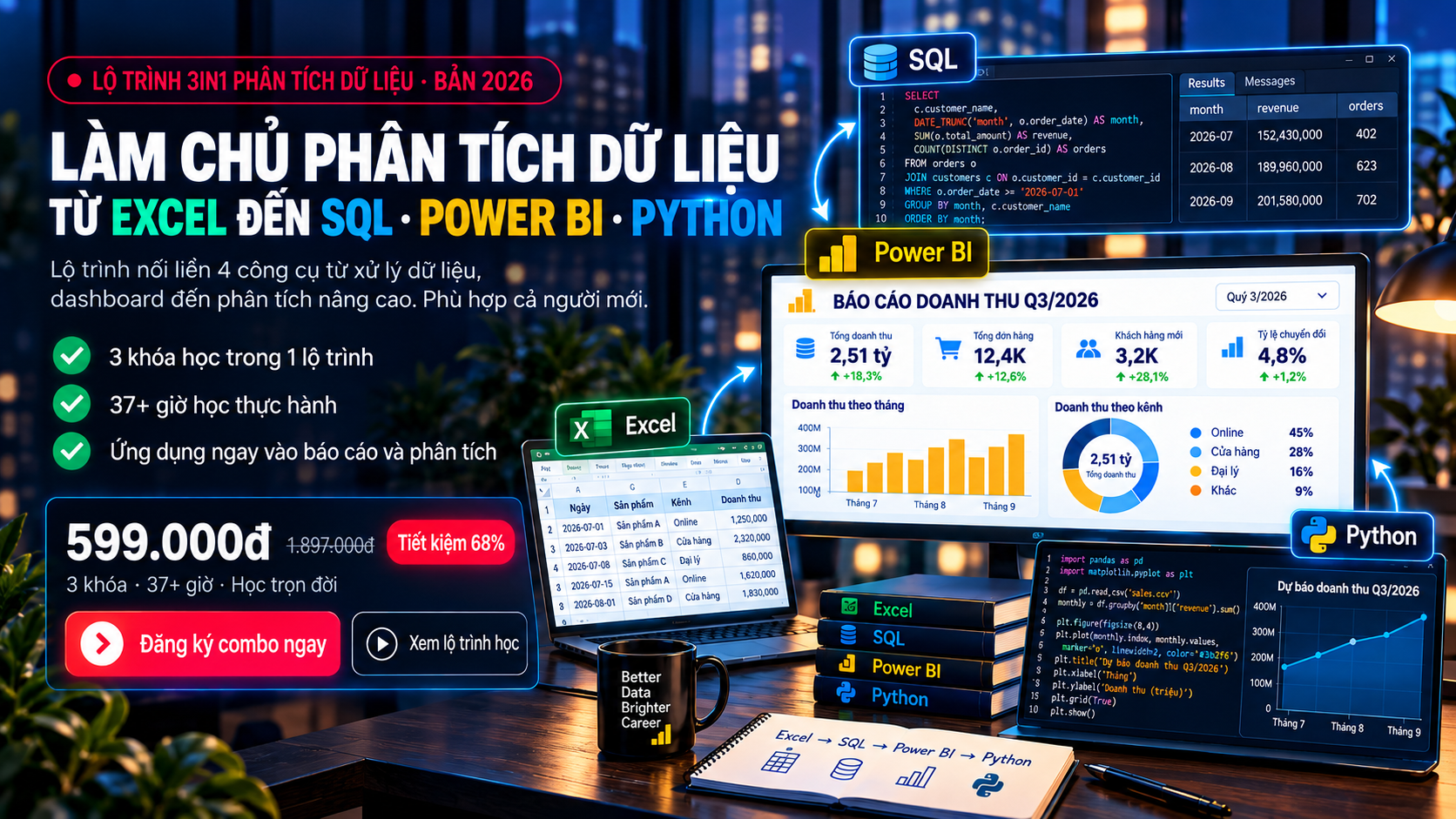 Combo 3 trong 1: SQL, Power BI, Python. Học phí 599.000đ