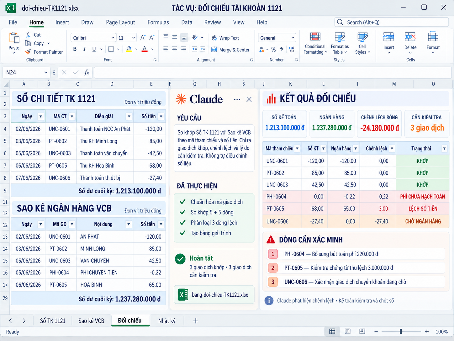 Claude đối chiếu tài khoản 1121 trong Excel