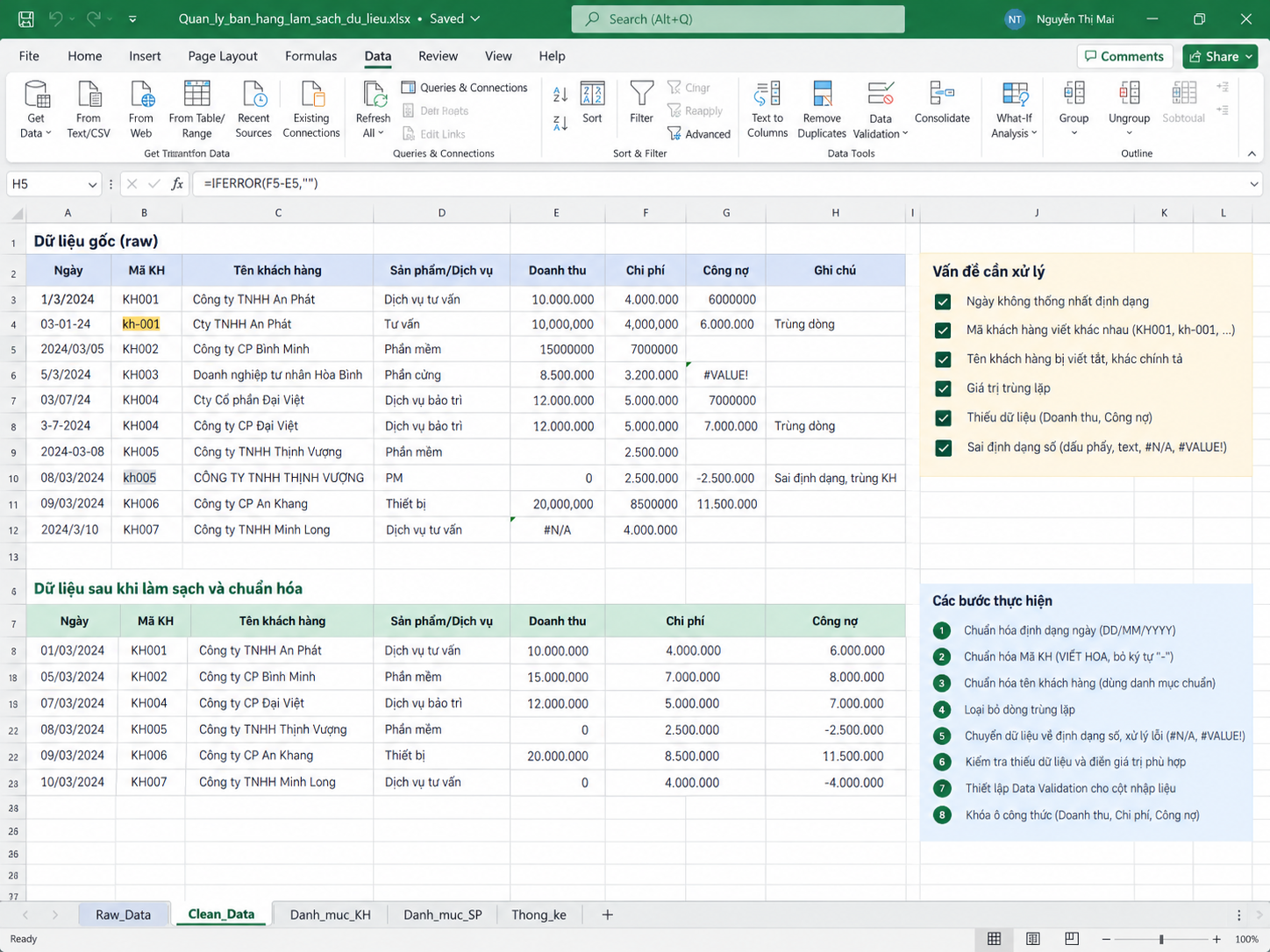 Bảng Excel chuẩn hóa dữ liệu đầu vào