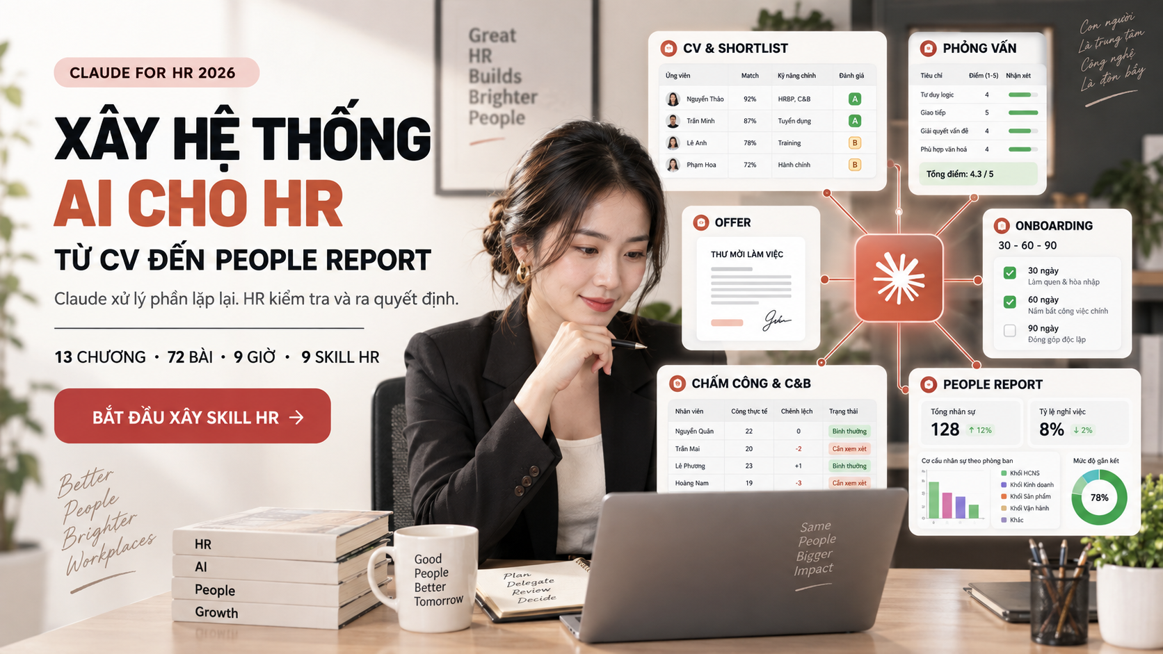Claude For HR — Đừng dành cả ngày cho những việc HR có thể giao cho AI. Tự tay xây bộ Skill Claude: sàng lọc CV, phỏng vấn, offer, onboarding, phân tích C&B, báo cáo nhân sự.