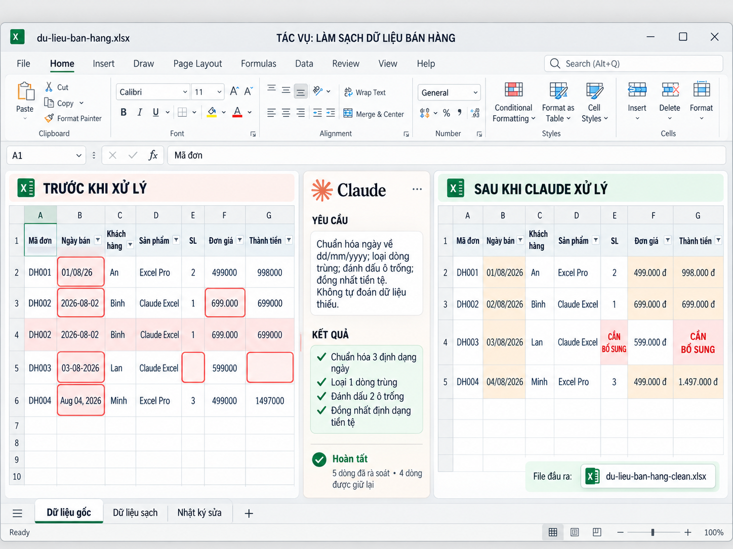 Claude làm sạch dữ liệu bán hàng trong Excel