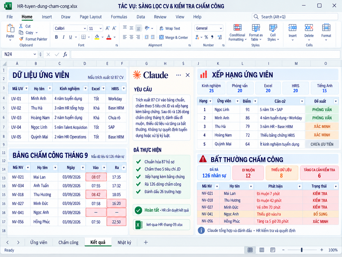 Claude sàng lọc CV và kiểm tra chấm công trong Excel