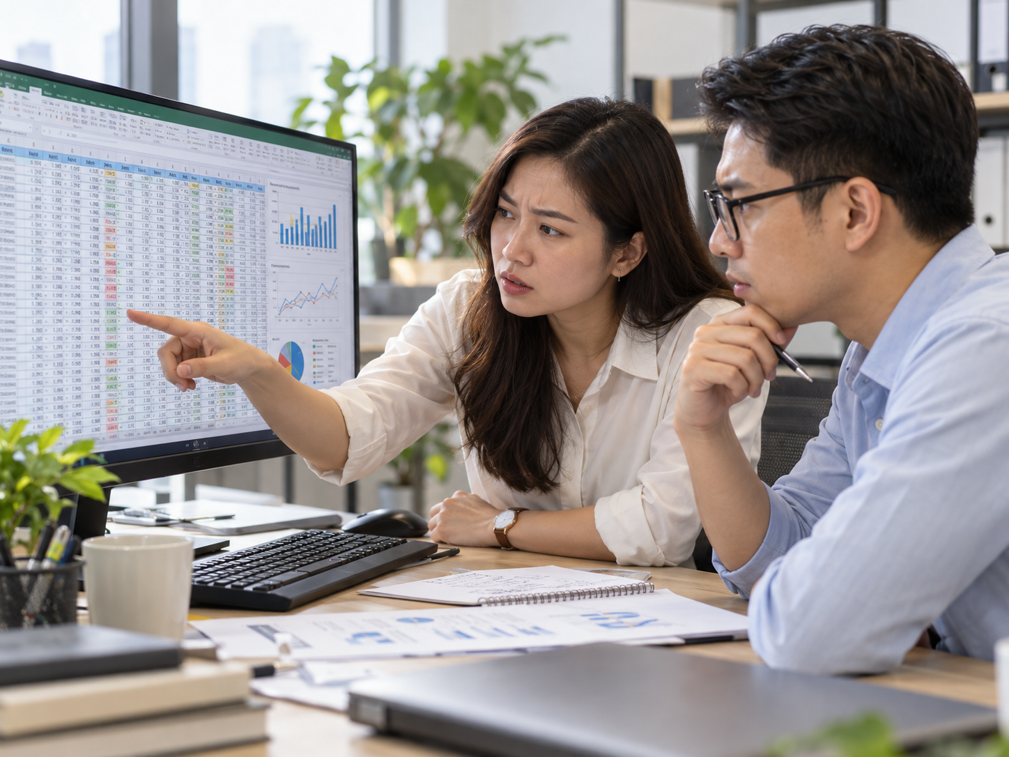 Người đi làm đang trao đổi về số liệu trên Excel