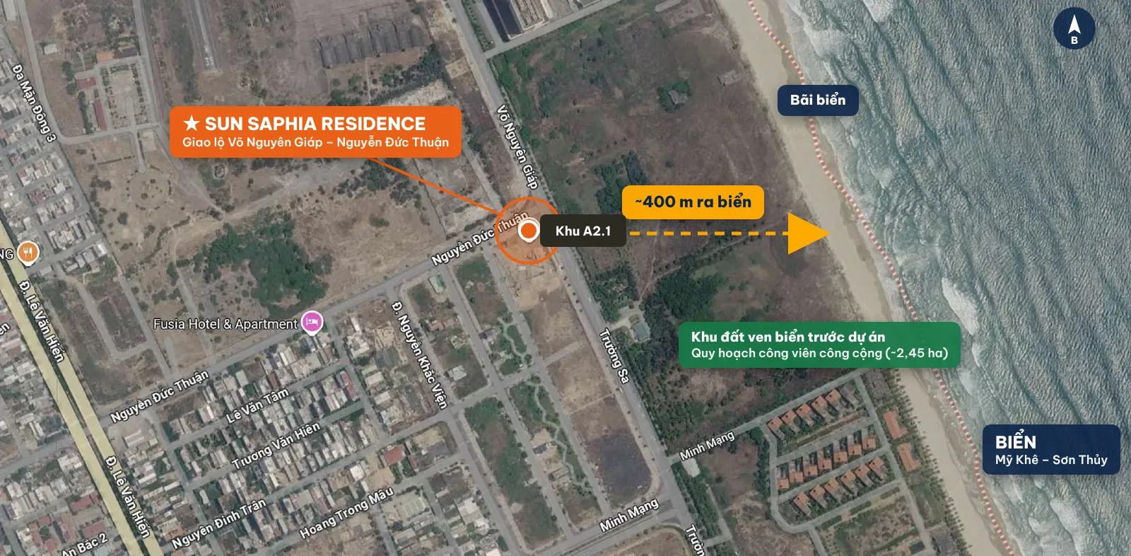 Bản đồ vị trí Sun Saphia Residence tại giao lộ Võ Nguyên Giáp – Nguyễn Đức Thuận, cách biển Mỹ Khê – Sơn Thủy khoảng 400 m, phía trước là khu đất quy hoạch công viên